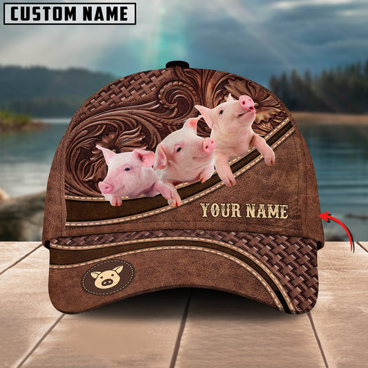 Joycorners Pig Personalized Name Brown Carving Leather Pattern 3D Classic Cap