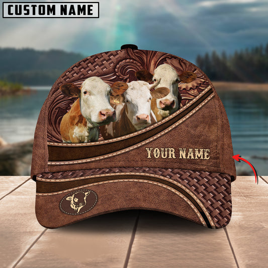 Joycorners Simmental Personalized Name Brown Carving Leather Pattern 3D Classic Cap