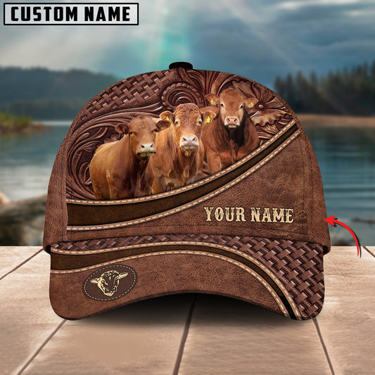 Joycorners Limousin Personalized Name Brown Carving Leather Pattern 3D Classic Cap