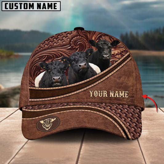 Joycorners Belted Galloway Personalized Name Brown Carving Leather Pattern 3D Classic Cap