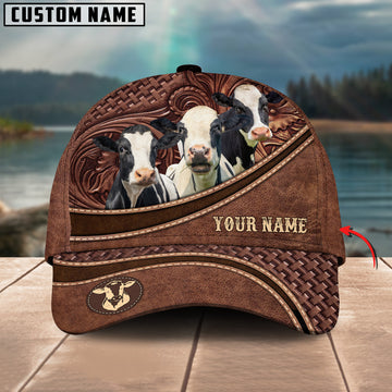 Joycorners Holstein Personalized Name Brown Carving Leather Pattern 3D Classic Cap