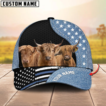 Joycorners Customized Name Highland Cattle Jean Pattern US Flag Cap