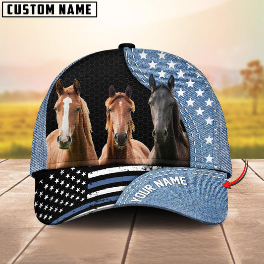 Joycorners Customized Name Horse Jean Pattern US Flag Cap