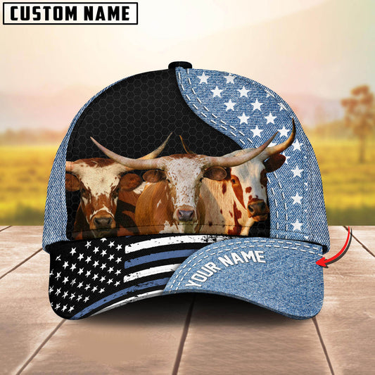 Joycorners Customized Name Texas Longhorn Jean Pattern US Flag Cap