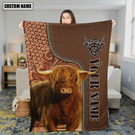 Joycorners Custom Name Highland Cattle Leather Carving Blanket