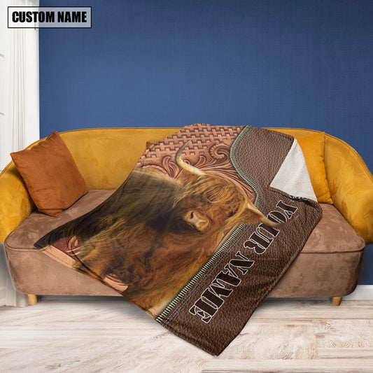 Joycorners Custom Name Highland Cattle Leather Carving Blanket