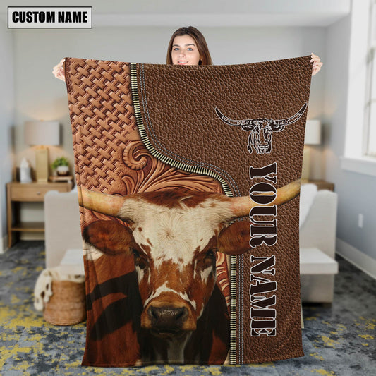 Joycorners Custom Name Texas Longhorn Leather Carving Custom Name Blanket