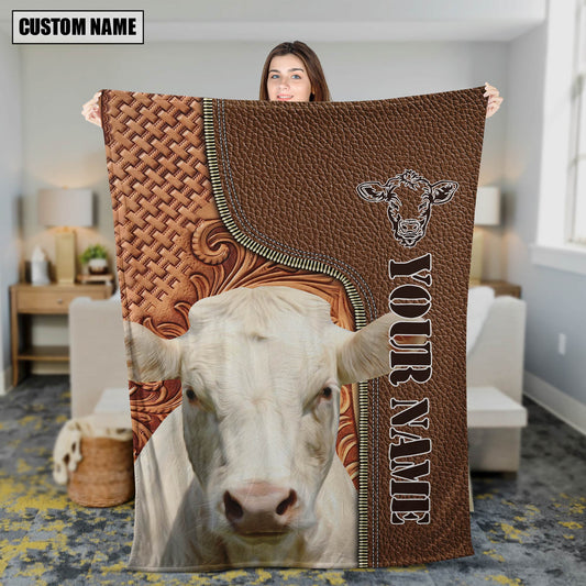 Joycorners Custom Name Charolais Cattle Leather Carving Blanket