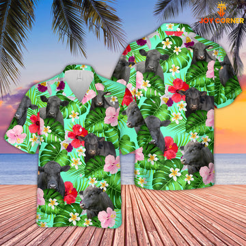 Joy Corners Black Angus Bull  Hibicus Tropical Pattern 3D Hawaiian Shirt