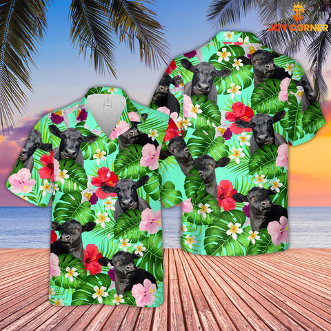 Joy Corners Black Angus Hibicus Tropical Pattern 3D Hawaiian Shirt