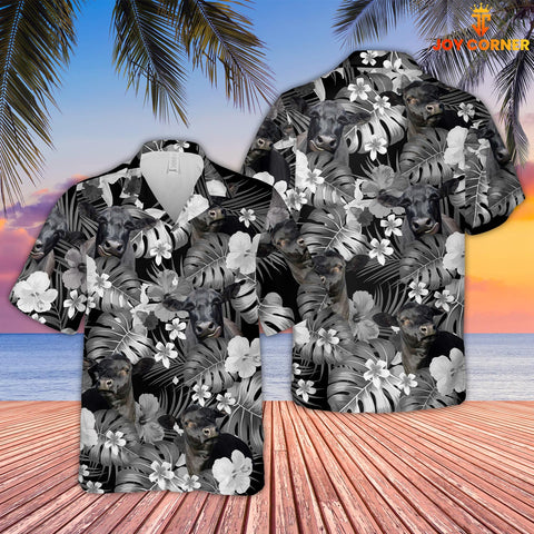 Joy Corners Black Angus Grey Hibicus Tropical Pattern 3D Hawaiian Shirt