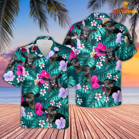 Joy Corners Black Angus Green Hibicus Tropical Pattern 3D Hawaiian Shirt