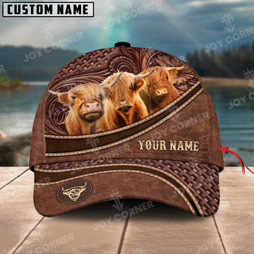 Joycorners Highland Cattle Personalized Name Brown Carving Leather Pattern 3D Classic Cap