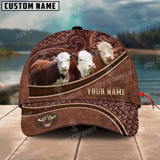 Joycorners Hereford Cattle Personalized Name Brown Carving Leather Pattern 3D Classic Cap