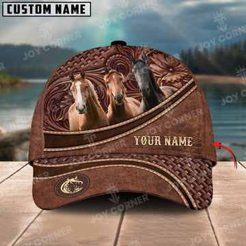 Joycorners Horse Personalized Name Brown Carving Leather Pattern 3D Classic Cap