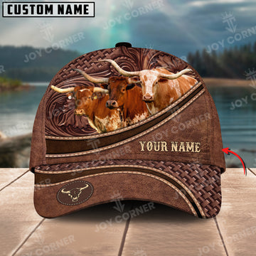 Joycorners Texas Longhorn Personalized Name Brown Carving Leather Pattern 3D Classic Cap