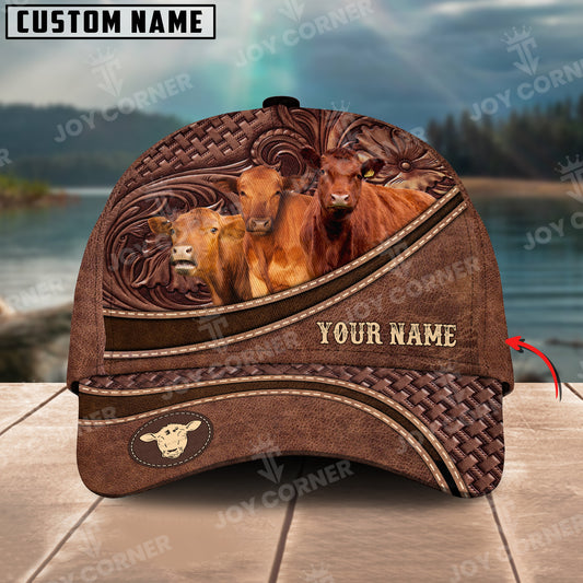 Joycorners Red Angus Personalized Name Brown Carving Leather Pattern 3D Classic Cap