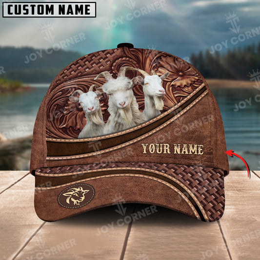 Joycorners Goat Personalized Name Brown Carving Leather Pattern 3D Classic Cap