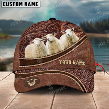 Joycorners Sheep Personalized Name Brown Carving Leather Pattern 3D Classic Cap