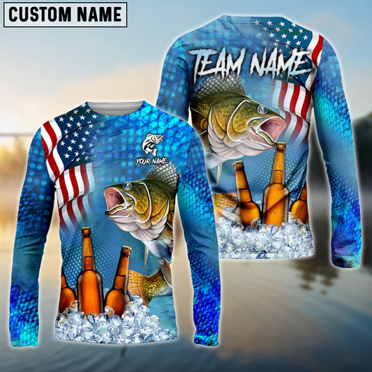 Joycorners Personalized Text Bass Fishing Beer USS Flag Pattern 3D Long Sleeve Shirt