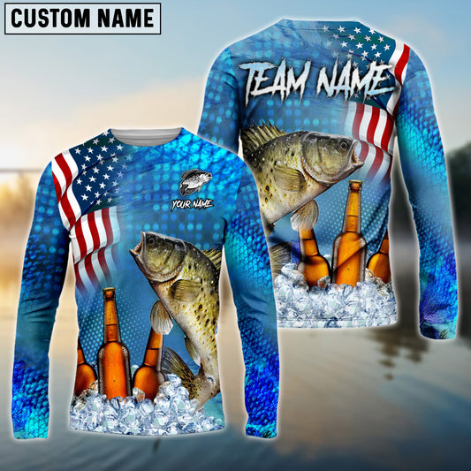 Joycorners Personalized Text Crappie Fishing Beer USS Flag Pattern 3D Long Sleeve Shirt