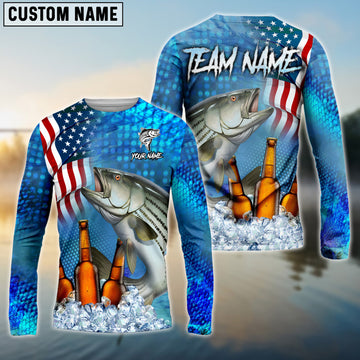 Joycorners Personalized Text Striped Bass Fishing Beer USS Flag Pattern 3D Long Sleeve Shirt