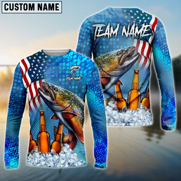 Joycorners Personalized Text Trout Fishing Beer USS Flag Pattern 3D Long Sleeve Shirt