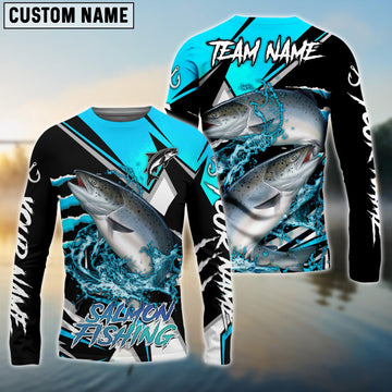 Joycorners Personalized Text Salmon Fishing Black Blue Scratch Sport 3D Long Sleeve Shirt