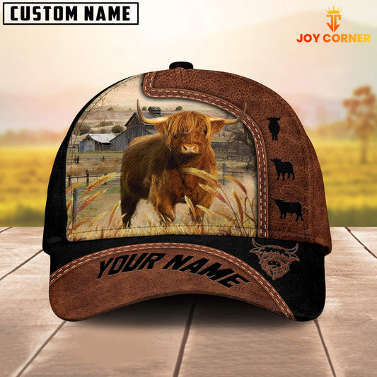 Joycorners Custom Name Highland Cattle Brown Black Leather Pattern Cap