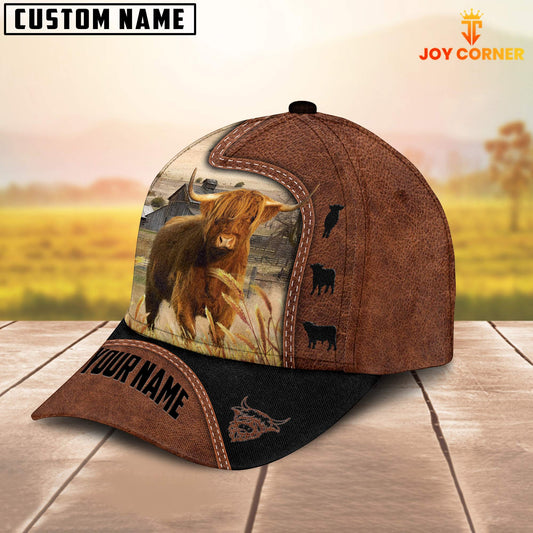 Joycorners Custom Name Highland Cattle Brown Black Leather Pattern Cap