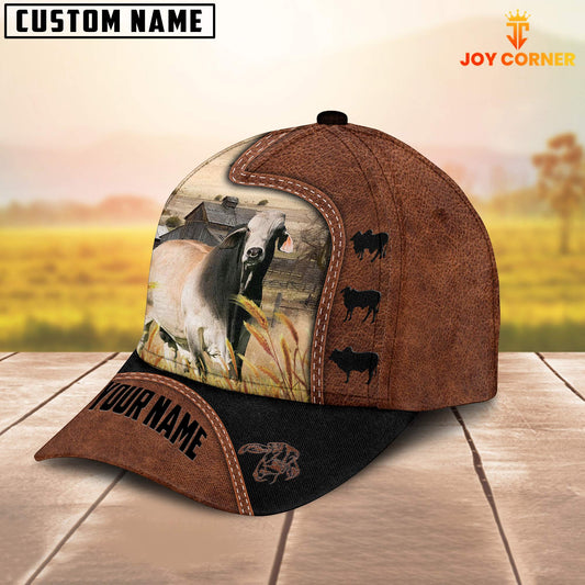 Joycorners Custom Name Brahman Cattle Brown Black Leather Pattern Cap