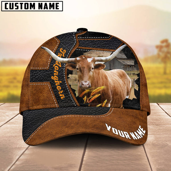 Joycorners Custom Name Texas Longhorn Brown Leather Pattern 3D Cap