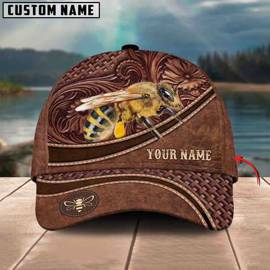 Joycorners Honey Bees Personalized Name Brown Carving Leather Pattern 3D Classic Cap