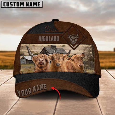 Joycorners Highland Cattle Custom Name Brown Leather Pattern Cap