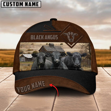 Joycorners Black Angus Custom Name Brown Leather Pattern Cap