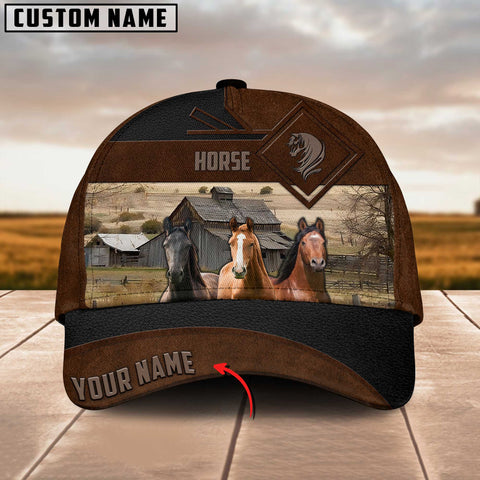 Joycorners Horse Custom Name Brown Leather Pattern Cap