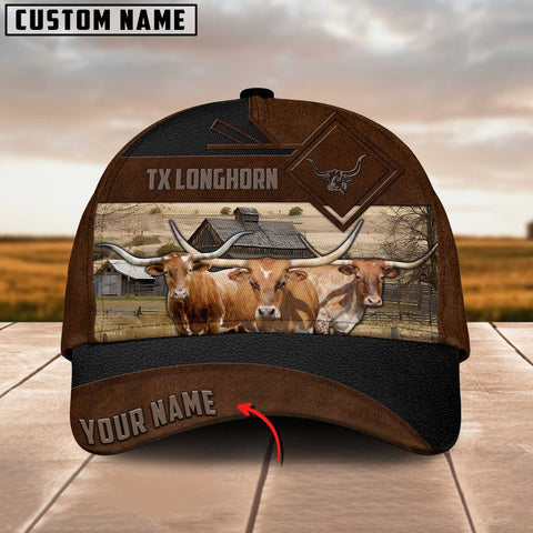 Joycorners Texas Longhorn Custom Name Brown Leather Pattern Cap