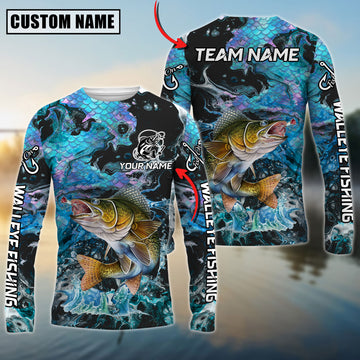 Joycorners Personalized Text Walleye Fishing Blue Fishing SkinPattern 3D Long Sleeve Shirt