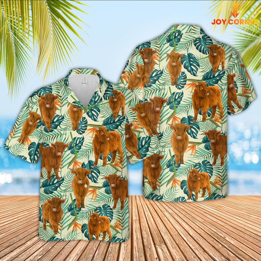 Joy Corners Highland Cattle Green Pattern 3D Hawaiian Shirt