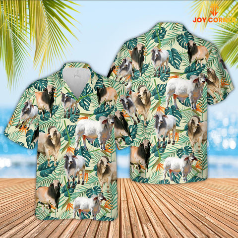 Joy Corners Brahman Cattle Green Pattern 3D Hawaiian Shirt