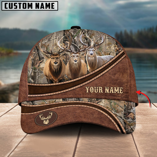 Joycorners Deer Hunting Personalized Name Brown Carving Leather Pattern 3D Classic Cap