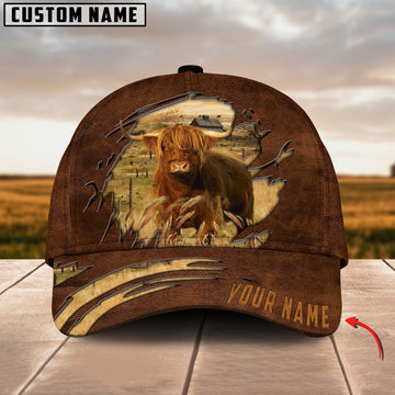 Joycorners Highland Cattle Brown Leather Pattern Customized Name Cap