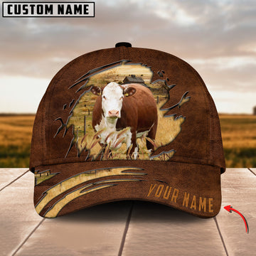 Joycorners Hereford Cattle Brown Leather Pattern Customized Name Cap