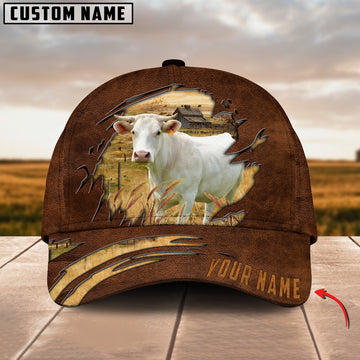 Joycorners Charolais Cattle Brown Leather Pattern Customized Name Cap