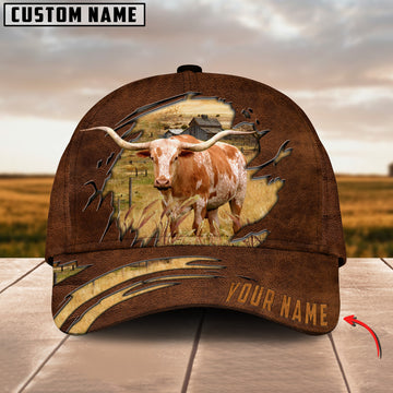 Joycorners Texas Longhorn Brown Leather Pattern Customized Name Cap