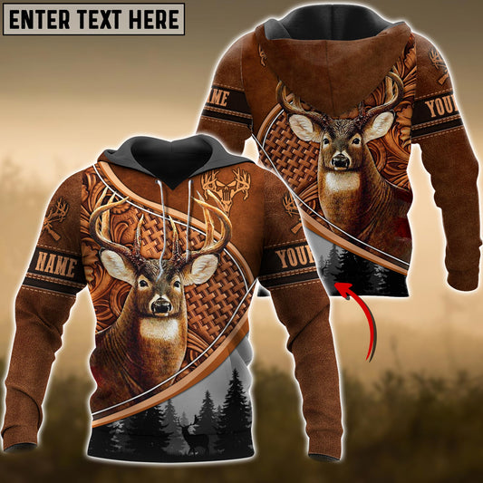 Joycorners Whitetail Deer Hunting Personalized Name Carving Leather Pattern 3D Hoodie