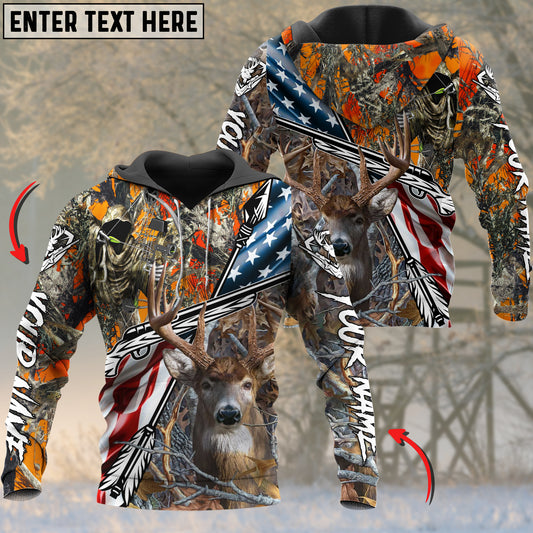 Joycorners Whitetail Deer Hunting Personalized Name Hunter US Flag 3D Hoodie