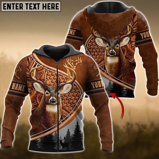 Joycorners Whitetail Deer Hunting Personalized Name Carving Leather Pattern 3D Hoodie