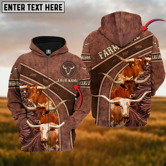 Joycorners Texas Longhorn Personalized Name Brown Carving Leather Pattern 3D Hoodie