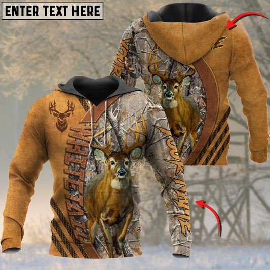 Joycorners Whitetail Deer Personalized Name Yellow Brown Leather Pattern 3D Hoodie